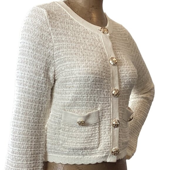 Jessica Simpson Cream & Gold Cropped Lady Cardigan Sz M #325C - Picture 5 of 10